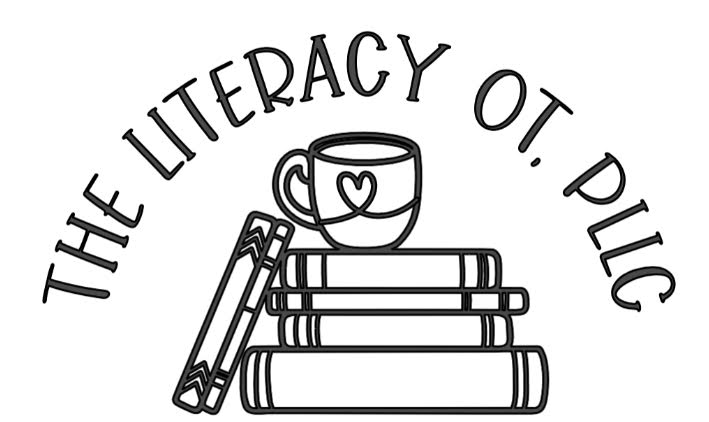 Title in an arc stating “The Literacy OT, PLLC” with a picture of a stack of books and a tea mug with a heart design.